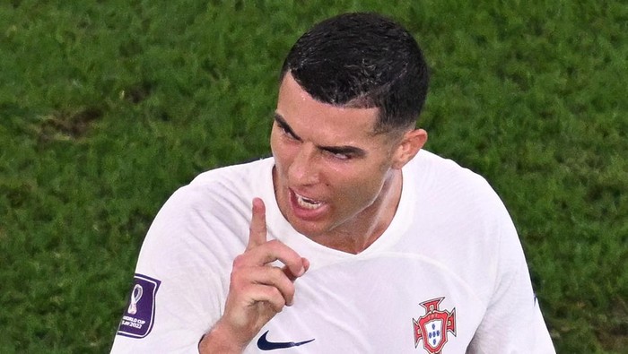 Portugals forward #07 Cristiano Ronaldo reacts during the Qatar 2022 World Cup Group H football match between South Korea and Portugal at the Education City Stadium in Al-Rayyan, west of Doha on December 2, 2022. (Photo by Kirill KUDRYAVTSEV / AFP) (Photo by KIRILL KUDRYAVTSEV/AFP via Getty Images)