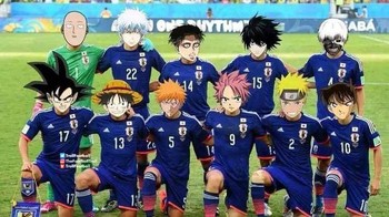 Skuad Timnas Jepang yang perkasa. Ada Goku, Naruto, Conan, Luffy, Saitama, Ichigo Kurosaki dll. Pantas saja jago banget ya! Foto: (Twitter)