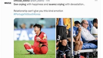 Son Heung -min menangis karena bahagia, Luis Suarez menangis karena tersingkir dari Piala Dunia. Foto: Twitter