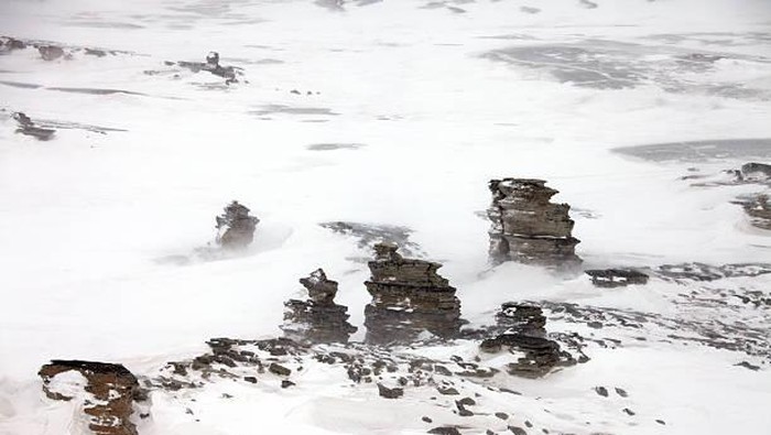 Rock pillars on Severnaya Zemlya (Northern Land) aerial view.  Archipelago in the Russian high Arctic.
