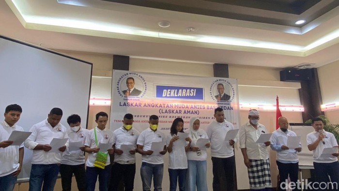Laskar AMAN deklarasi dukungan kepada Anies Baswedan maju capres 2024 di Hotel Sofyan, Jakarta, Minggu (4/12/2022). (Karin Nur Secha/detikcom)