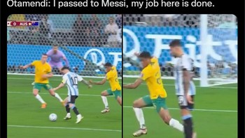 Otamendi langsung terdiam setelah mengumpan bola kepada Messi. Foto: Screenshot/Twitter