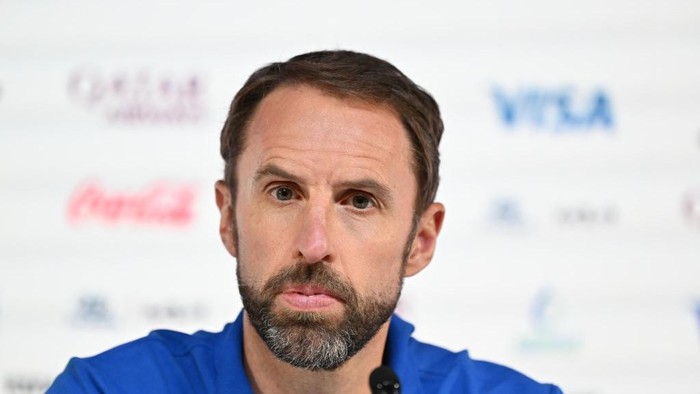 DOHA, QATAR - DECEMBER 03: Head coach of England Gareth Southgate attends a press conference ahead of the FIFA World Cup Qatar 2022 round of 16 football match between England and Senegal on December 03, 2022 in Doha, Qatar. (Photo by Mustafa Yalcin/Anadolu Agency via Getty Images)