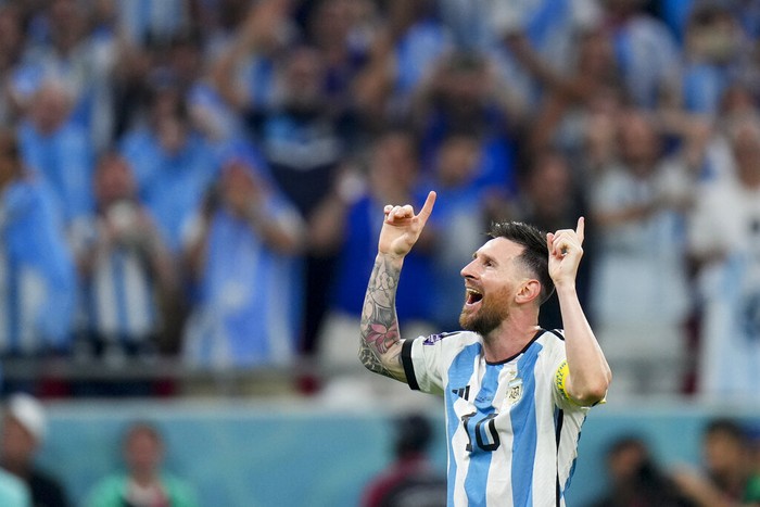 Argentinas Lionel Messi celebrates winning the World Cup round of 16 soccer match between Argentina and Australia at the Ahmad Bin Ali Stadium in Doha, Qatar, Saturday, Dec. 3, 2022. (AP Photo/Petr David Josek)