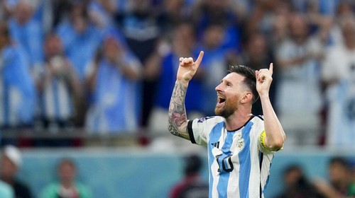 Argentinas Lionel Messi celebrates winning the World Cup round of 16 soccer match between Argentina and Australia at the Ahmad Bin Ali Stadium in Doha, Qatar, Saturday, Dec. 3, 2022. (AP Photo/Petr David Josek)