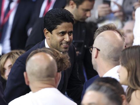 PARIS, FRANCE - AUGUST 28: President of PSG Nasser Al Khelaifi attends the Ligue 1 Uber Eats match between Paris Saint-Germain (PSG) and AS Monaco (ASM) at Parc des Princes stadium on August 28, 2022 in Paris, France. (Photo by Jean Catuffe/Getty Images)