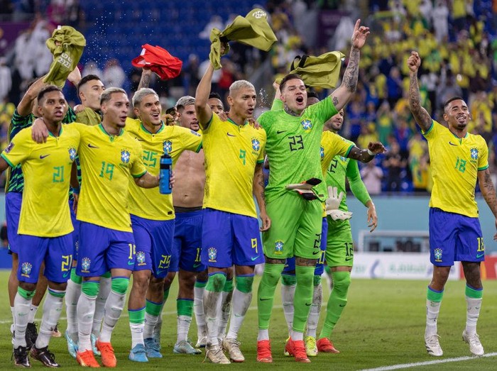 DOHA, QATAR - NOVEMBER 28: Brazil celebrate at full-time during the FIFA World Cup Qatar 2022 Group G match between Brazil (1) and Switzerland (0) at Stadium 974 on November 28, 2022 in Doha, Qatar. (Photo by Simon Bruty/Anychance/Getty Images)
