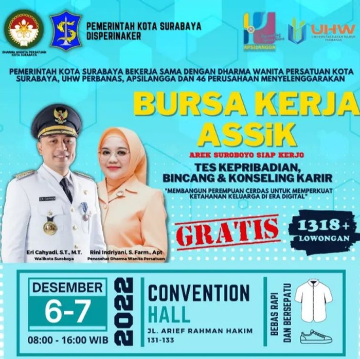 Ada kabar gembira bagi segenap pencari kerja di Surabaya dan sekitarnya. Akan ada bursa kerja yang menyajikan 1.318 lowongan kerja (loker)