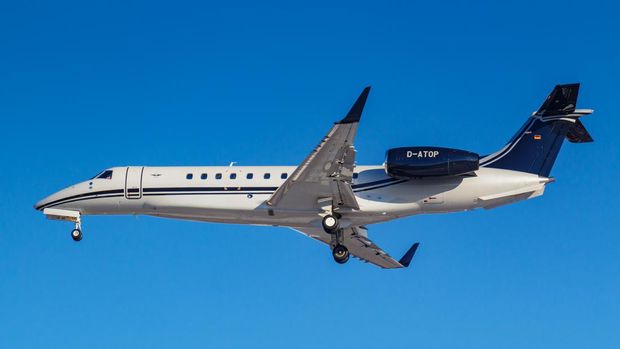 Moscow, Russia - March 26, 2019: Aircraft Embraer EMB-135BJ Legacy 650E D-ATOP of Air Hamburg against blue sky in sunny morning going to landing at Vnukovo international airport in Moscow