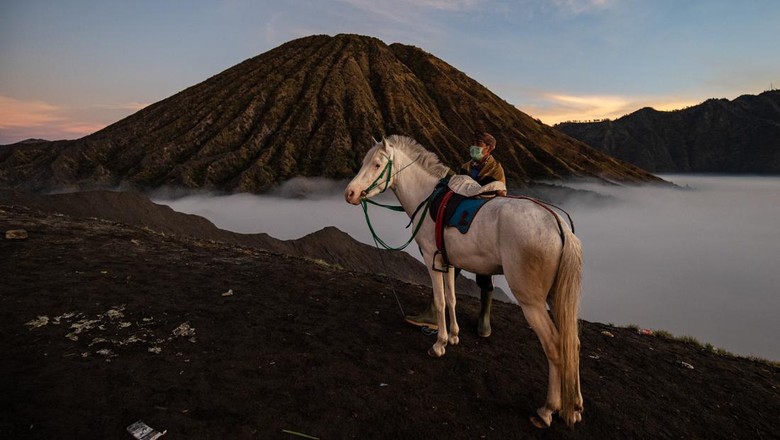 PROBOLINGGO, JAVA, INDONESIA - JUNE 26: An Indonesian man bring a horse at Mount Batok during the Yadnya Kasada ritual on June 26, 2021 in Probolinggo, Java, Indonesia. The Tenggerese people are an ethnic group in Eastern Java, Indonesias most populous island, who believe themselves to be descendants of the Majapahit princes that ruled the area historically. Their population of roughly 500,000 is centered in the Bromo Tengger Semeru National Park in eastern Java. The ethnic groups most popular ceremony, the month-long Yadnya Kasada festival, was the most visited tourist attraction in Indonesia before the Covid-19 pandemic. On the fourteenth day, the Tenggerese make a journey to Mount Bromo to make offerings of rice, fruits, vegetables, flowers and even livestock and poultry, throwing them into the volcanos caldera. The ritual is thought to have started in the 15th century, when a local princess and her husband prayed to the mountain gods for help in having children. (Photo by Robertus Pudyanto/Getty Images)