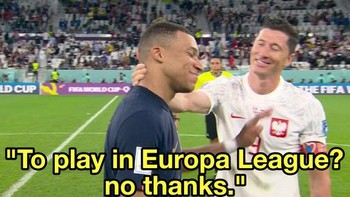 Meme Lewandowski mengajak Mbappe main di Barcelona. Mbappe menolak. Foto: (Twitter)