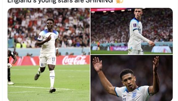 Darah muda Inggris membuat mereka tampil perkasa, ada Bellingham, Saka, sampai Foden. Foto: Twitter