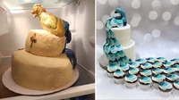 Jauh dari ekspektasi, kue pengantin bentuk bunga merak ini justru berakhir mirip seperti kue miring dengan hiasan ayam di atasnya. Foto: Site News/Pool