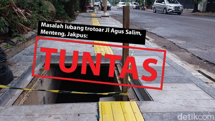 Masalah lubang trotoar Jl Agus Salim Menteng sudah tuntas ditutup. (Repro: Luthfi Syahban/detikcom)