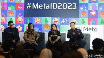 Noudhy Valdryno Kepala Kebijakan Publik, Meta di Indonesia, Revie Sylviana Direktur Kemitraan Kreator Asia Tenggara, Meta; Maisyalina Agustina Growth Marketing Senior Lead Tokopedia, Aldo Rambie Kepala Industri, Meta di Indonesia saat diskusi di Jalarta, Selasa (6/12/2022).