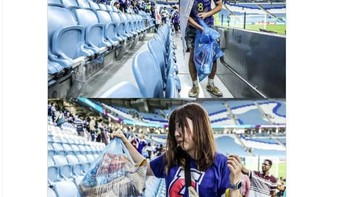 Meski kalah suporter Jepang tetap bersih-bersih stadion. Foto: Twitter