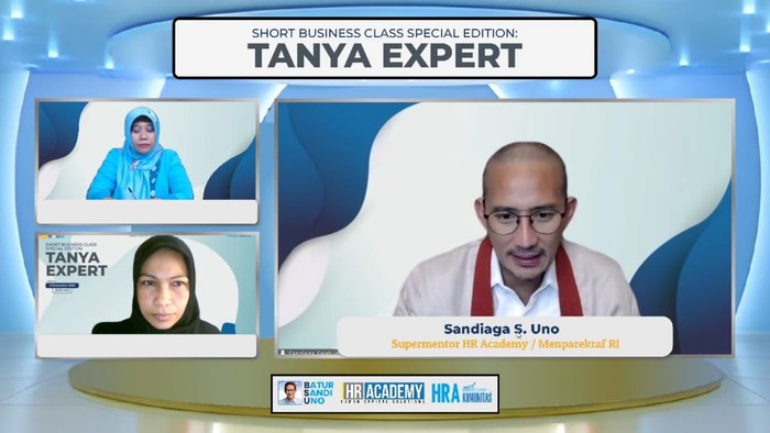 Sandiaga dalam Webinar Business Mentoring Class Tanya Expert bertema Jurus Jitu Bisnis Bisa Cuan Di 2023.