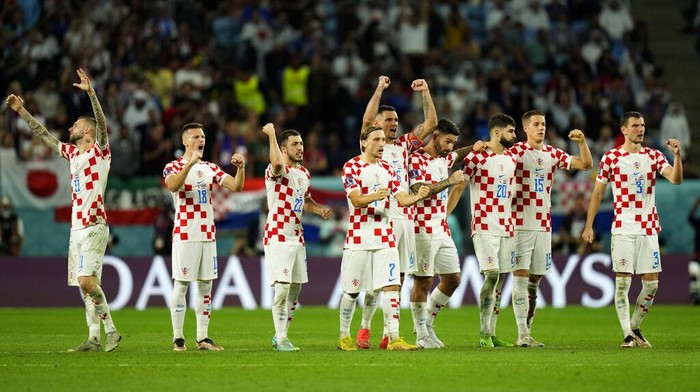 Croatian celebrate after scoring the first penalty during the World Cup round of 16 soccer match between Japan and Croatia at the Al Janoub Stadium in Al Wakrah, Qatar, Monday, Dec. 5, 2022. (AP Photo/Francisco Seco)