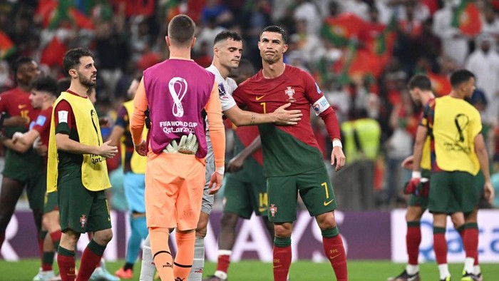DOHA, QATAR - DECEMBER 6: Cristiano Ronaldo of Portugal  during the  World Cup match between Portugal  v Switzerland  at the Lusail Stadium on December 6, 2022 in Doha Qatar (Photo by Rico Brouwer/Soccrates/Getty Images)