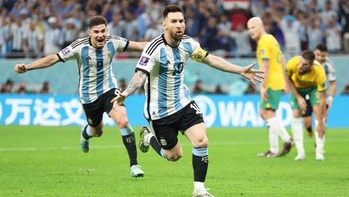 DOHA, QATAR - DECEMBER 03: Lionel Messi of Argentina- celebrates after scoring the teams first goal during the FIFA World Cup Qatar 2022 Round of 16 match between Argentina and Australia at Ahmad Bin Ali Stadium on December 03, 2022 in Doha, Qatar. (Photo by Francois Nel/Getty Images)