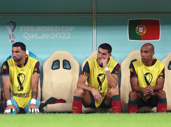 LUSAIL CITY, QATAR - DECEMBER 06: Cristiano Ronaldo of Portugal looks on before the FIFA World Cup Qatar 2022 Round of 16 match between Portugal and Switzerland at Lusail Stadium on December 6, 2022 in Lusail City, Qatar. (Photo by Richard Sellers/Getty Images)