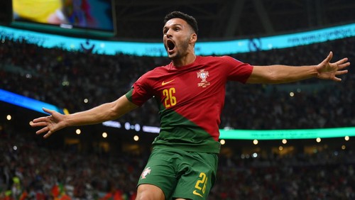 LUSAIL CITY, QATAR - DECEMBER 06: Goncalo Ramos of Portugal celebrates after scoring the teams first goal during the FIFA World Cup Qatar 2022 Round of 16 match between Portugal and Switzerland at Lusail Stadium on December 06, 2022 in Lusail City, Qatar. (Photo by Mike Hewitt - FIFA/FIFA via Getty Images)