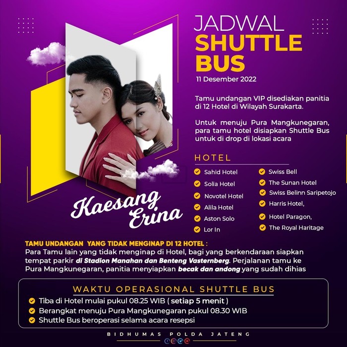 Jadwal shuttle bus tamu tasyakuran pernikahan Kaesang-Erina di Solo.