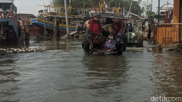 Kondisi banjir rob di jalan wilayah Kecamatan Bonang, Demak, Rabu (7/12/2022), sekitar pukul 10.00 WIB.
