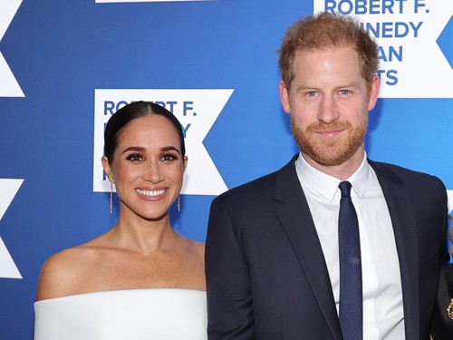 NEW YORK, NEW YORK - DECEMBER 06: Meghan, Duchess of Sussex and Prince Harry, Duke of Sussex speak onstage at the 2022 Robert F. Kennedy Human Rights Ripple of Hope Gala at New York Hilton on December 06, 2022 in New York City. (Photo by Mike Coppola/Getty Images for 2022 Robert F. Kennedy Human Rights Ripple of Hope Gala)