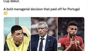 Pelatih Portugal Fernando Santos berani mencadangkan Ronaldo dan meggantinya dengan penyerang uda Gonzalo Ramos. Keputusannya tepat karena Ramos jadi kunci kemenangan Portugal. Foto: Twitter