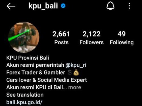 Akun media sosial Instagram resmi Komisi Pemilihan Umum (KPU) Provinsi Bali yaitu @KPU_Bali diretas. Pada bagian deskripsi, akun tersebut kini tertulis Forex Trader.