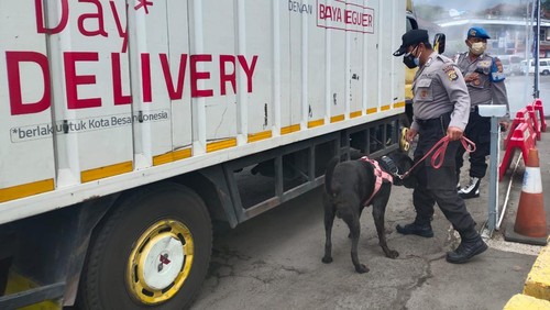 Anjing pelacak turut dikerahkan untuk melakukan pemeriksaan terhadap barang maupun kendaraan di Pelabuhan Padangbai, Karangasem, Bali, pascateror bom bunuh diri di Polsek Astana Anyar, Bandung, Jawa Barat. (istimewa)