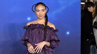 Bailey Bass, pemeran Tsireya, tampil anggun dengan gaun ungu yang mengekspose kaki dan bahunya. WireImage/Karwai Tang