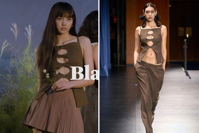 Ini gaya Lisa BLACKPINK mengenakan koleksi Sandy Liang S/S 2023. Rapper grup BLACKPINK itu tampil seksi memakai atasan warna coklat beraksen cut-out di bagian dadanya yang dipasangkan dengan high-waisted skirt berwarna senada. Foto: dok. TIME Magazine