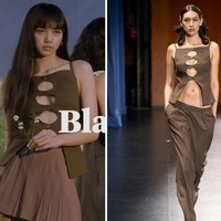 Ini gaya Lisa BLACKPINK mengenakan koleksi Sandy Liang S/S 2023. Rapper grup BLACKPINK itu tampil seksi memakai atasan warna coklat beraksen cut-out di bagian dadanya yang dipasangkan dengan high-waisted skirt berwarna senada. Foto: dok. TIME Magazine