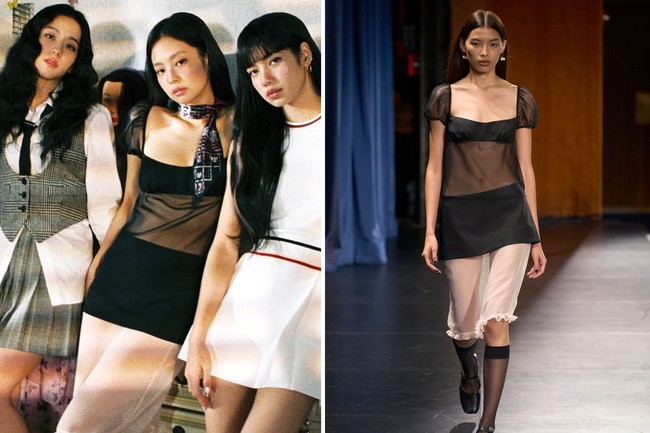 Sedangkan Jennie BLACKPINK memakai dress transparan dengan pola kerah persegi dari Sandy Liang S/S 2023. Kesan Y2K semakin terasa dengan leg warmers yang dikenakannya. Dia masih menambahkan koleksi scarf dan heels dari Chanel. Foto: dok. TIME Magazine