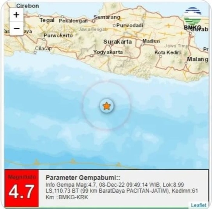 gempa pacitan M 4,7 pukul 09.49.14 WIB Kamis 8 Desember 2022