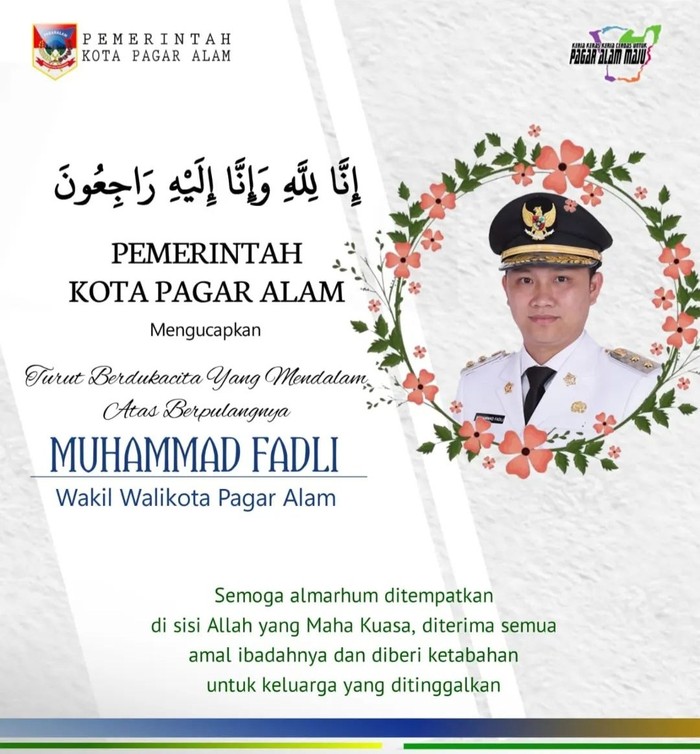 Ucapan duka atas meninggalnya Wakil Wali Kota Pagar Alam Muhammad Fadli. (Foto: Istimewa)