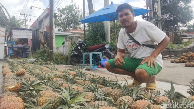 Boido saat berjualan nenas (Perdana/detikSumut)