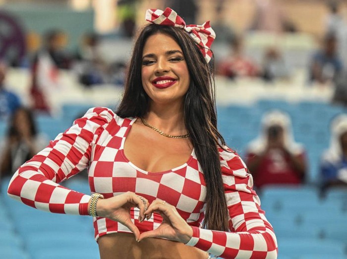 05 December 2022, Qatar, Al-Wakra: Soccer, World Cup, Japan - Croatia, final round, round of 16, Al-Janub Stadium, Ivana Knöll, a model from Croatia, poses in the stands before the match. Photo: Robert Michael/dpa (Photo by Robert Michael/picture alliance via Getty Images)