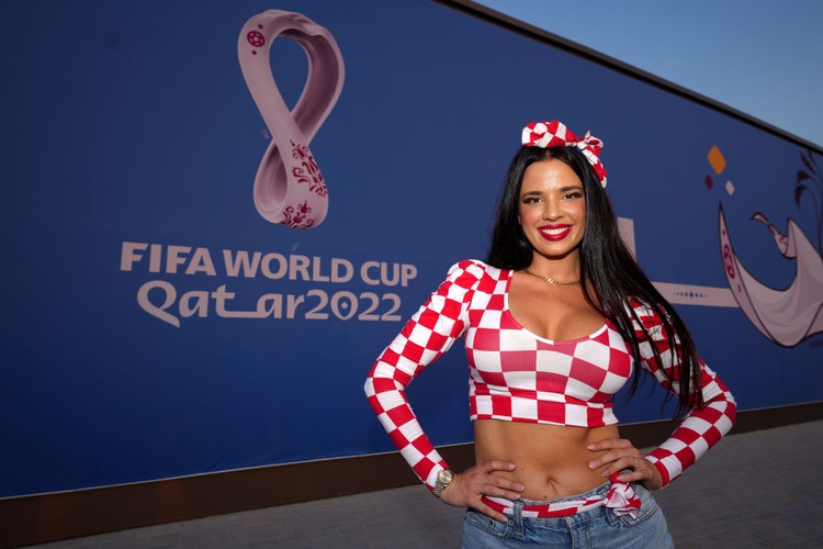 Croatia fan and model Ivana Knoll outside the ground ahead of the FIFA World Cup Round of Sixteen match at the Al Janoub Stadium in Al-Wakrah, Qatar. Picture date: Monday December 5, 2022. (Photo by Nick Potts/PA Images via Getty Images)