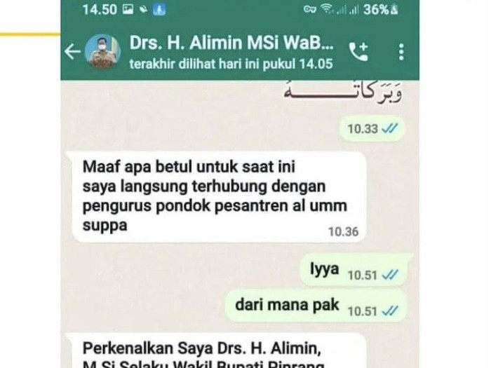 Tangkapan layar isi chat penipu yang mencatut nama Wakil Bupati Pinrang Alimin.