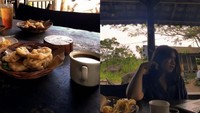 Tinggal di Yogyakarta membuat adik Erina ini juga sering makan makanan tradisional. Ia tampak menikmati kopi dan pisang goreng di kafe dekat gunung Merapi. Foto: Instagram @shaniagudono