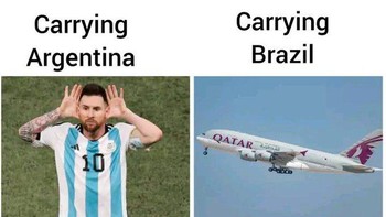 Meme Messi membawa Argentina ke semifinal Piala Dunia 2022. Pesawat Qatar Airways membawa Brasil pulang ke negaranya. Foto: (Twitter)