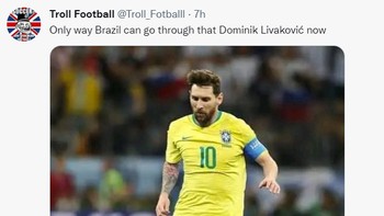Meme sindiran untuk Brasil yang tidak bisa menembus gawang yang dijaga Dominik Livakovic. Brasil harus pinjam Messi. Foto: (Twitter)