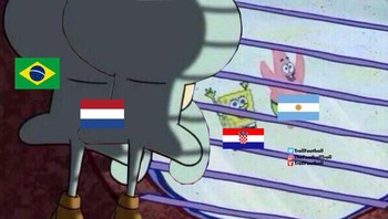 Meme Squidward untuk menggambarkan Brasil menemani Belanda pulang dari Piala Dunia 2022. Foto: (Twitter)