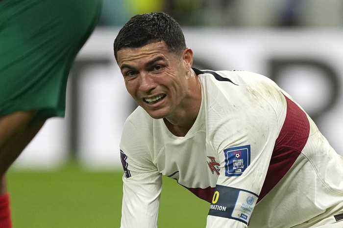 Portugals Cristiano Ronaldo reacts after missing an opportunity to score during the World Cup quarterfinal soccer match between Morocco and Portugal, at Al Thumama Stadium in Doha, Qatar, Saturday, Dec. 10, 2022. (AP Photo/Martin Meissner)