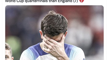 Tidak ada tim dalam sejarah yang paling banyak tereliminasi dari perempatfinal Piala Dunia sebanyak Inggris. Foto: Twitter