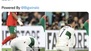 Ronaldo mencetak gol di 5 Piala Dunia, tapi tidak satu pun di babak gugur. Karir internasional mafis berakhir dengan air mata, tulis akun ini. Foto: Twitter