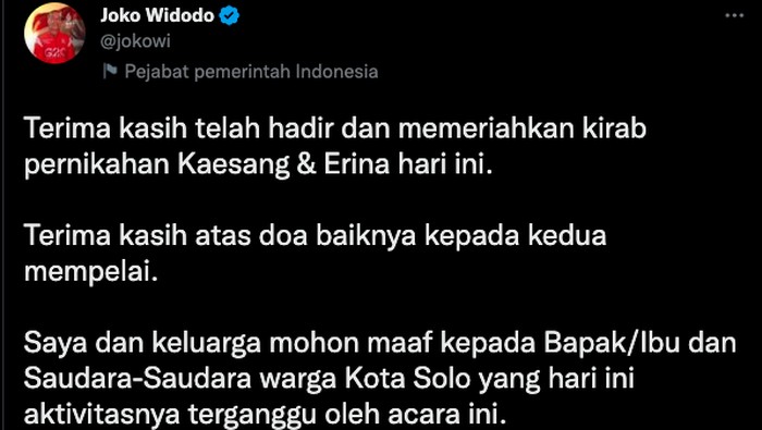 Presiden Jokowi menyampaikan terimakasih dan permohonan maaf soal kirab tasyakuran pernikahan Kaesang dan Erina, Minggu (11/12/2022).